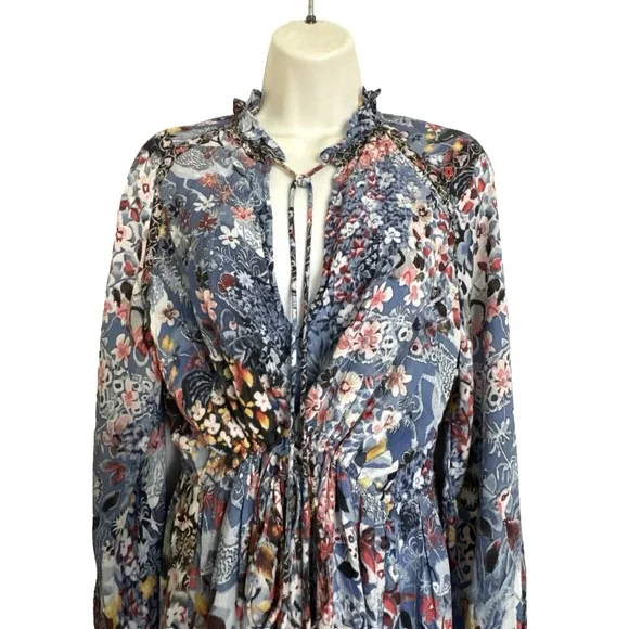 NEW Hemant & Nandita Blue Floral Mini Dress Boho Bohemian Peasant Long Sleeve M - Picture 4 of 15